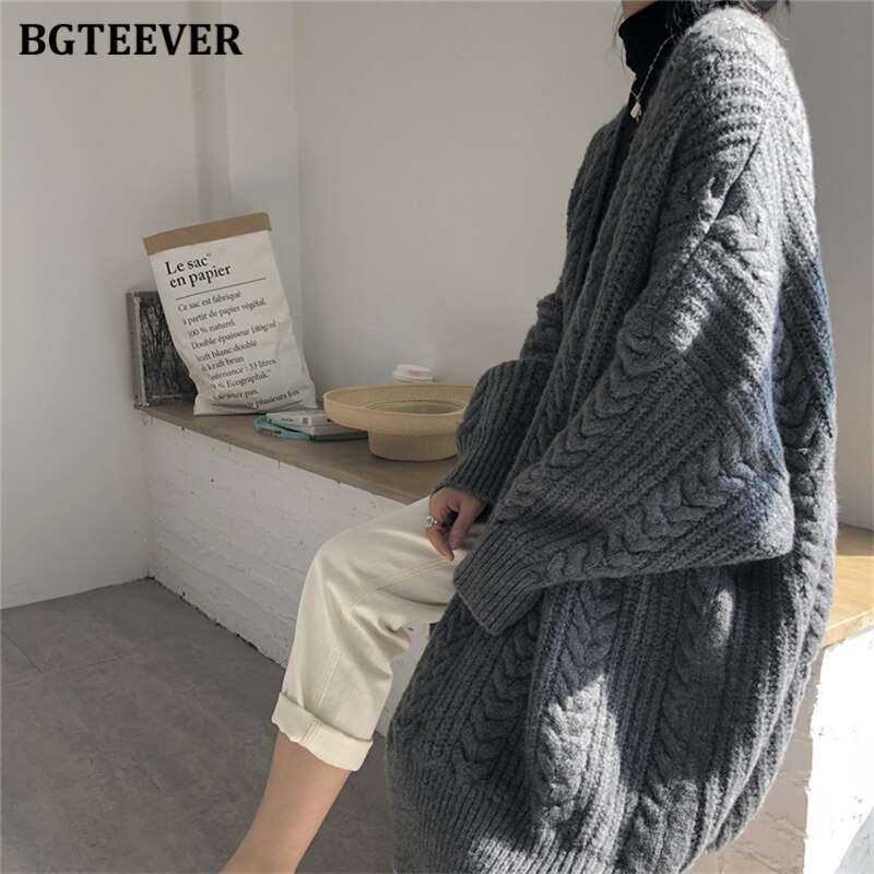 Bgteever vintage løs kvindelig lang sweater cardigans tykke varme kvinder snoet strikket cardigan efterår vinterfrakke