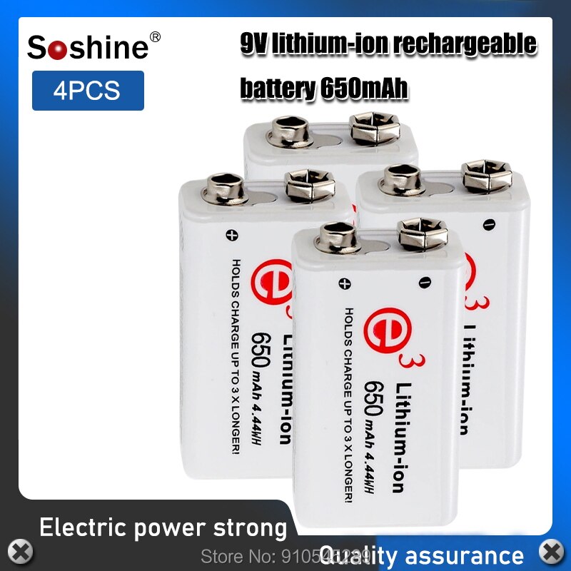 Soshine 6F22 650mAh 9V Li-ion Rechargeable Battery with Portable Battery Box for Multimeter / Wireless Microphone / Alarm: 4PCS