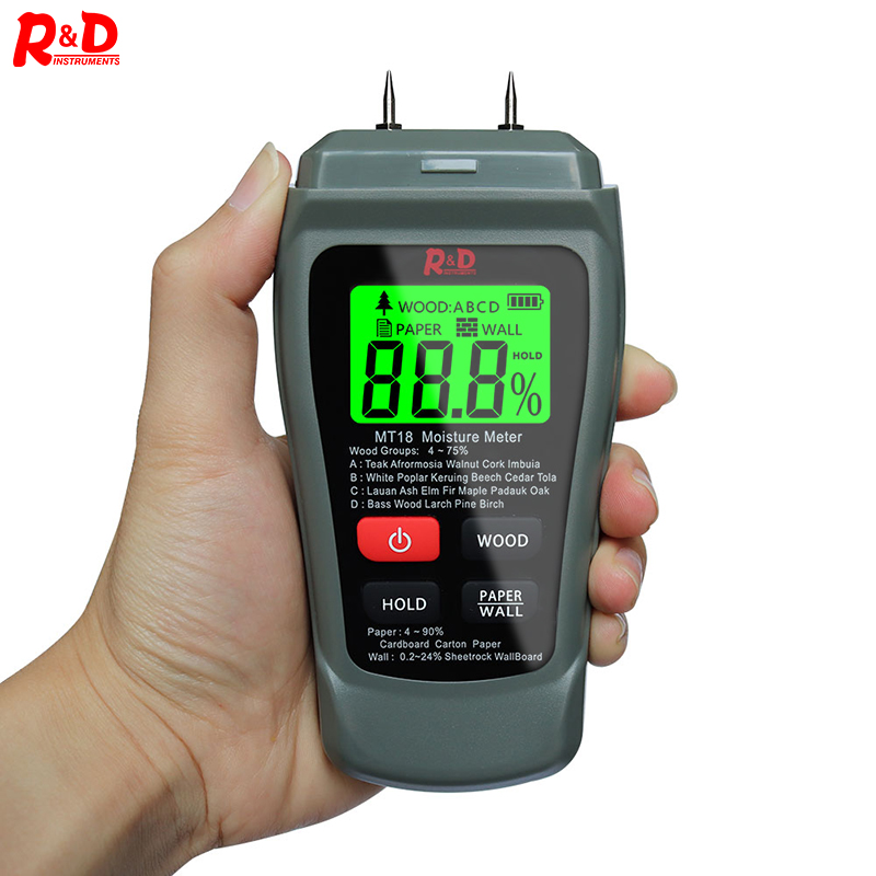 Medidor de humedad de madera, higrómetro de pared de papel, Detector de humedad de madera, probador de densidad de árbol gris, MT-18 R &amp; D,