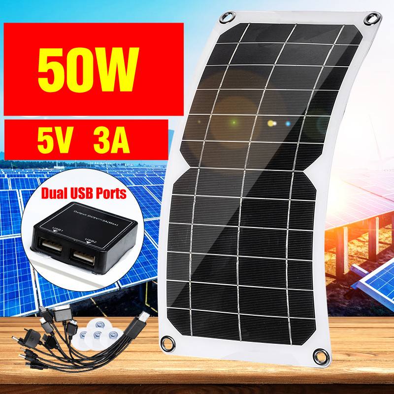 50W 12V/5V Zonnepaneel Dual Usb Flexibele Solar Charger Voor Auto Rv Boot Battery Charger waterdicht