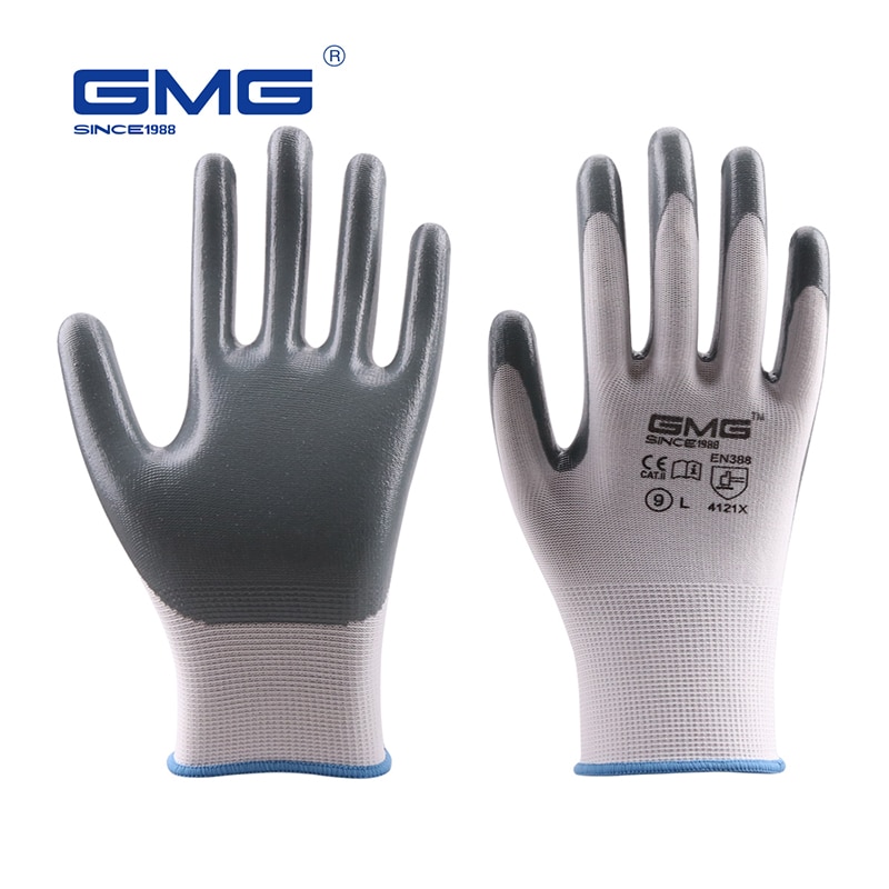 GMG CE Certificated EN388 White Polyester Grey Smooth Nitrile Work Safety Gloves Work Gloves Mechanics