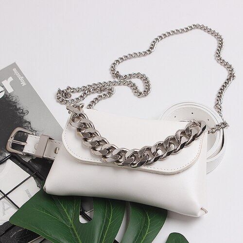 PU taille Packs femmes blanc cuir synthétique polyuréthane noir taille ceinture téléphone sac maquillage portefeuille Double large chaîne sac de messager: WHITE