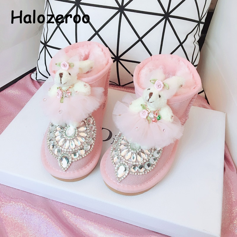 Bottines de neige pour enfants, chaussures chaudes pour bébés filles, chaussures souples avec strass, en cuir véritable,