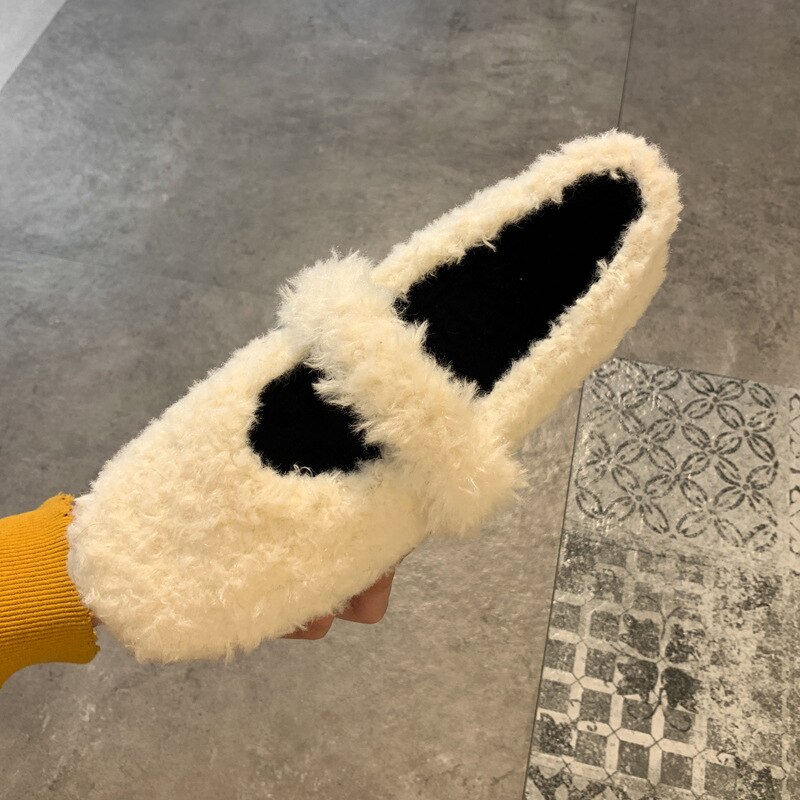 Hook & loop fritidsskor kvinna vårbaletter plattor slip on dam skor varm plysch päls lägenheter dam loafers