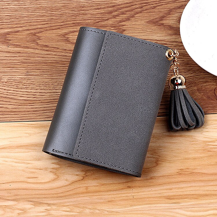 Women Purse Tassels Small Tri-Fold Short Wallet Purse Students Wallet Leather Coin Purse Wallets Card Holder: Gray