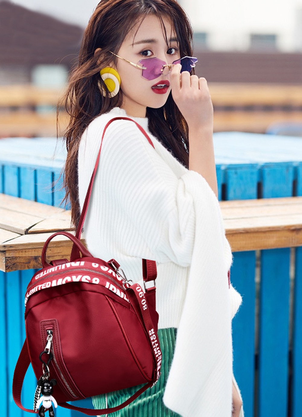 Kvindelig anti-tyveri rygsæk klassisk bjørn ornamenter oxford klud ensfarvet rygsæk rejse rygsæk taske