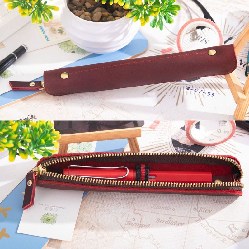 Handgemaakte leren etui vintage retro rits vulpen kwasten etui school kantoorbenodigdheden