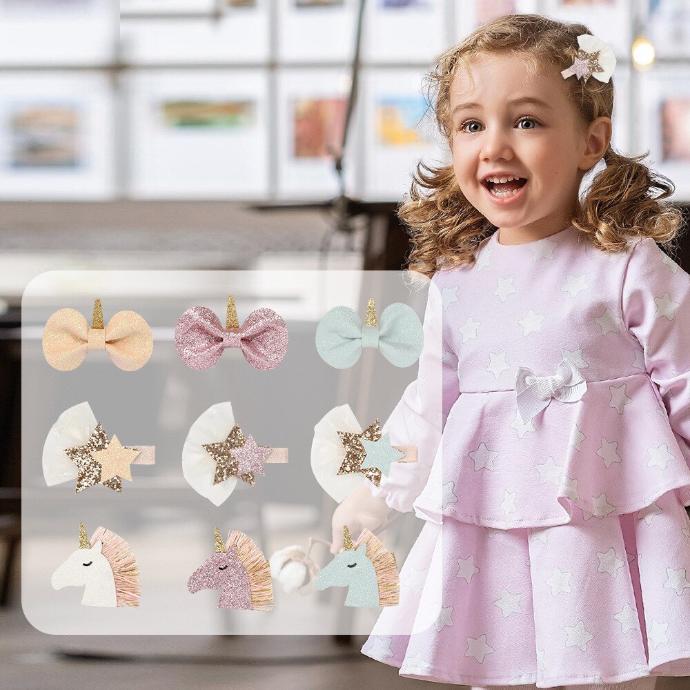 Kids Unicorn Hairpins Glitter Bow Star Hair Clips for Girls Children Headwear Barrettes Little Girl Hair Accessories