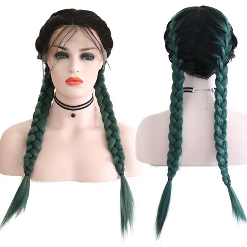 JOY & BEAUTY-trenzas dobles de 24 "de largo liso negro degradado 6 colores trenzado sintético marrón claro suizo peluca con malla frontal con pelo de bebé: green