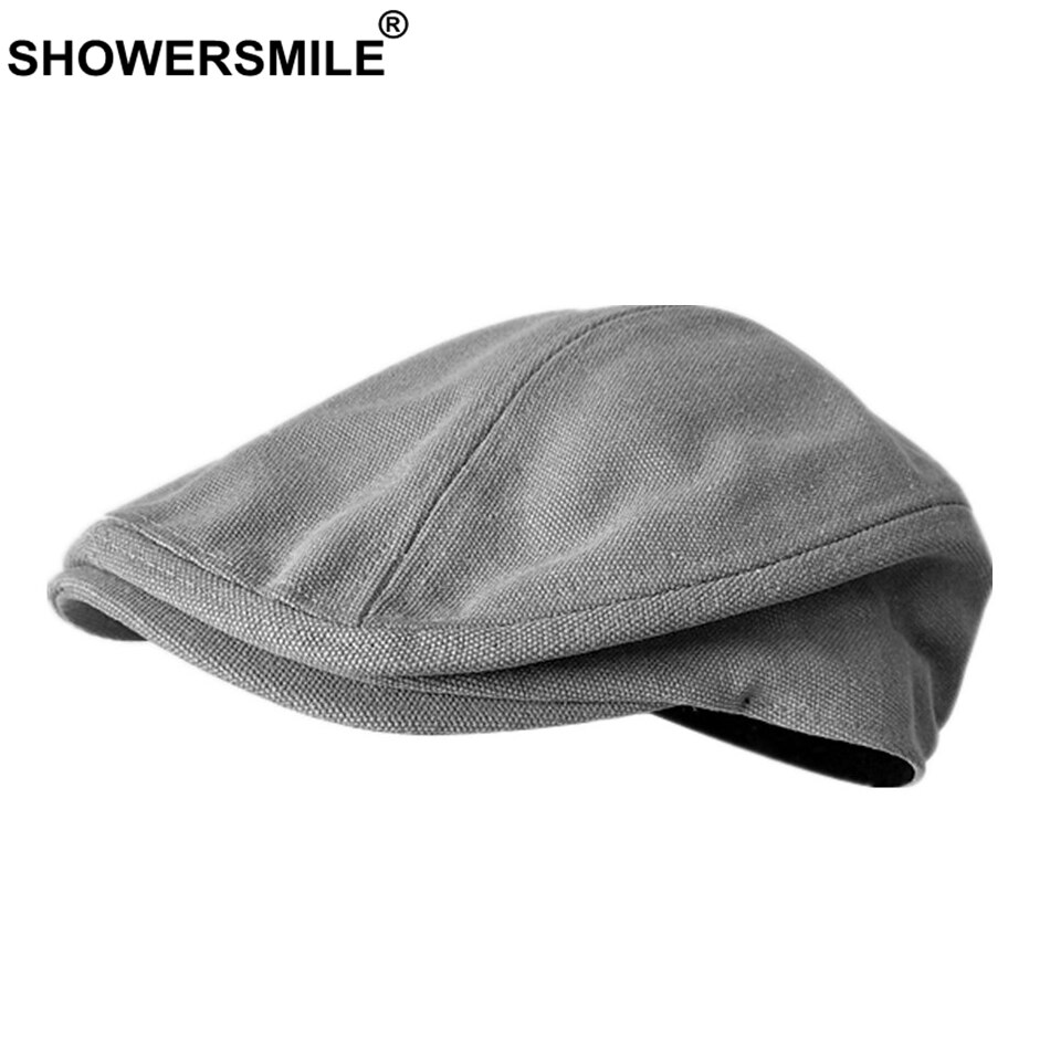SHOWERSMILE Men Beret Hat 100% Cotton Grey Flat Caps Male Spring Solid Vintage Directors Driving Hat British Gatsby Style Hats