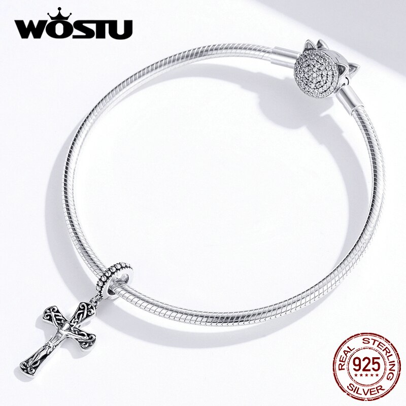 WOSTU 925 En Argent Sterling Croix Perles Charmes Ajustement Bracelet D'origine Collier Pendentif Style Religieux Bijoux CQC1407