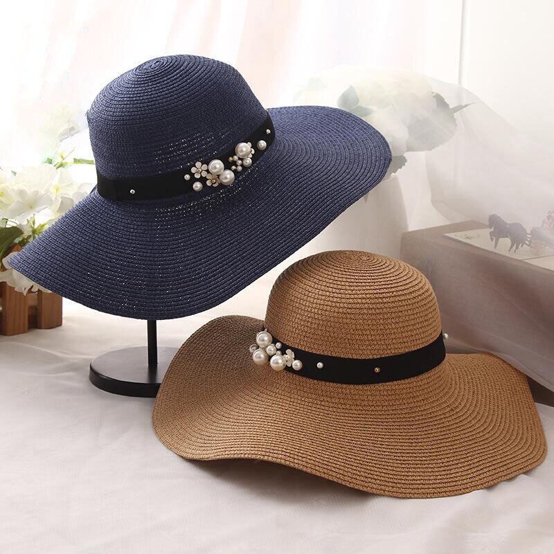 summer straw hat women big wide brim beach hat sun hat foldable sun block UV protection pearl panama hat bone chapeu feminino