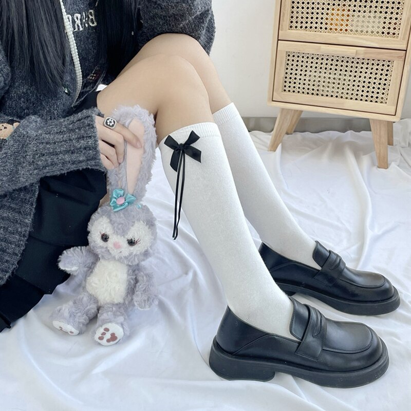 Lolita – chaussettes longues en coton avec nœud papillon pour femme, chaussettes à jambes hautes, blanc, noir, , 2022