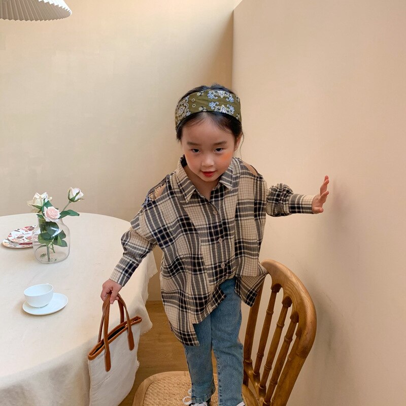 Spring Korean Style Baby Girls Plaid Long Shirts Loose casual Tops Off-shoulder Kids Clothes Children Blouses