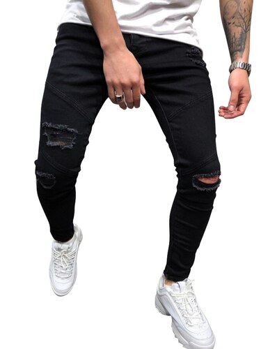 Jeans Men Men's Black Door-front Button Zipper Ripped Slimming Hip Hop Denim Jeans for Men: XL