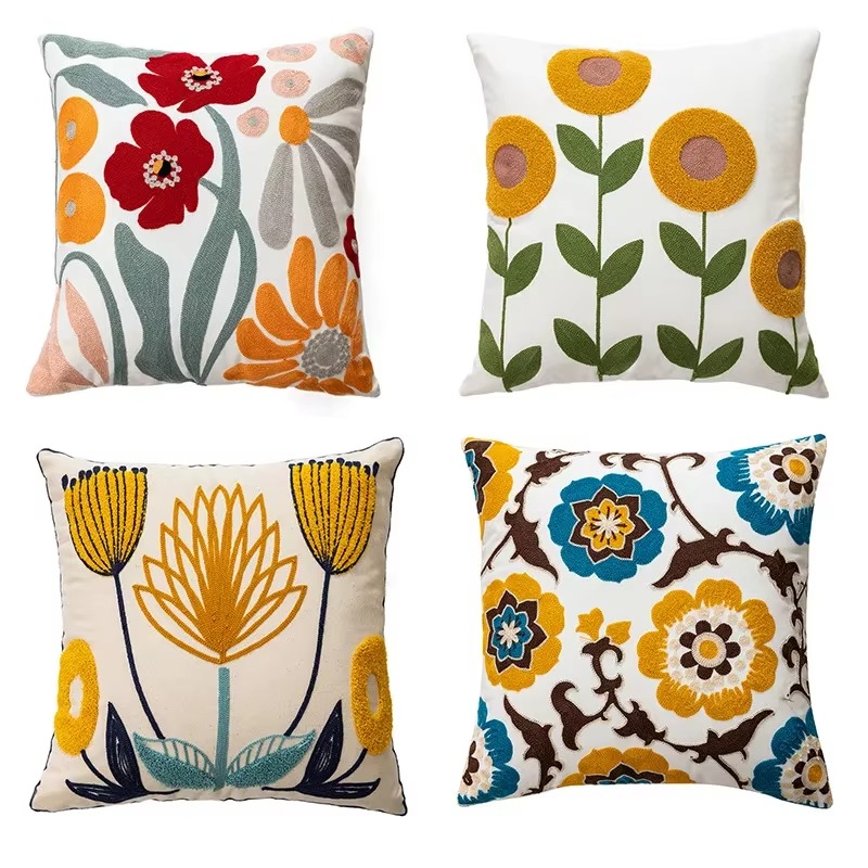 45X45CM Bloem Geborduurde Sierkussen Cover Plant Handdoek Moderne Stempelen Taille Kussenhoes Decor Home Decoratieve kussensloop