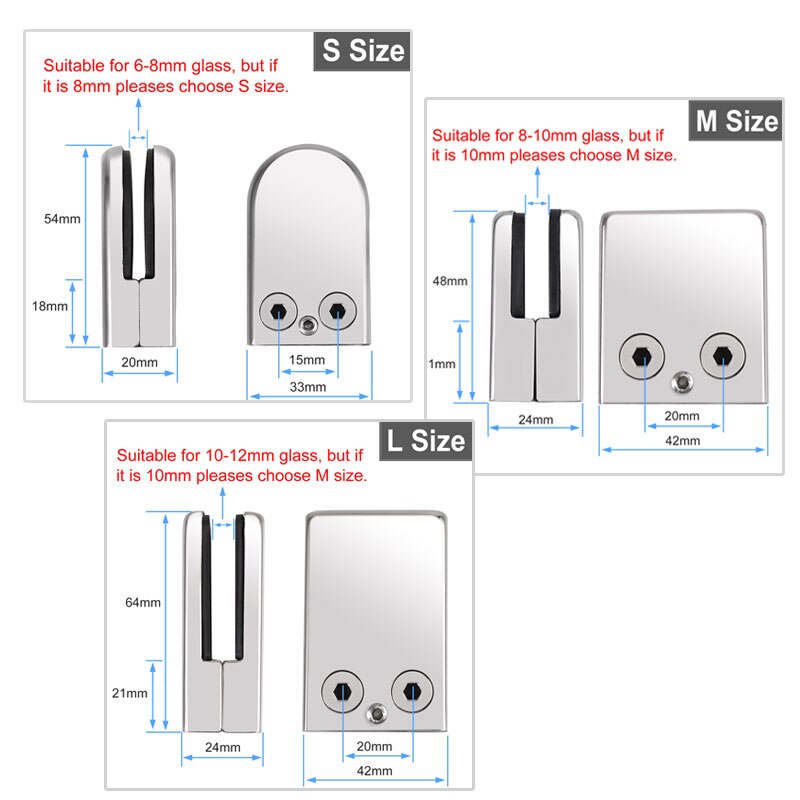 TANiCE 8PCS 304 Stainless Steel Glass Clamp Bracket Clip Holder S/M/L Size for 6-8mm 8-10mm 10-12mm Glass Balustrade Staircase