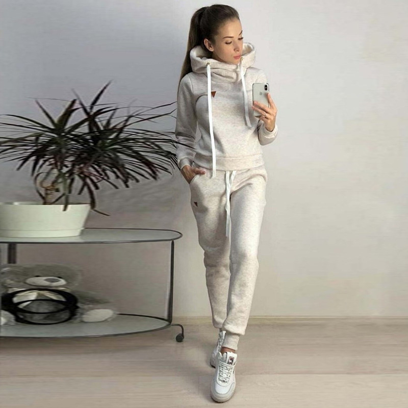 Hoodies solid Suit Set Women Tracksuit Two-piece Style Outfit Sweatshirt Sport Wear: Light Grey / M