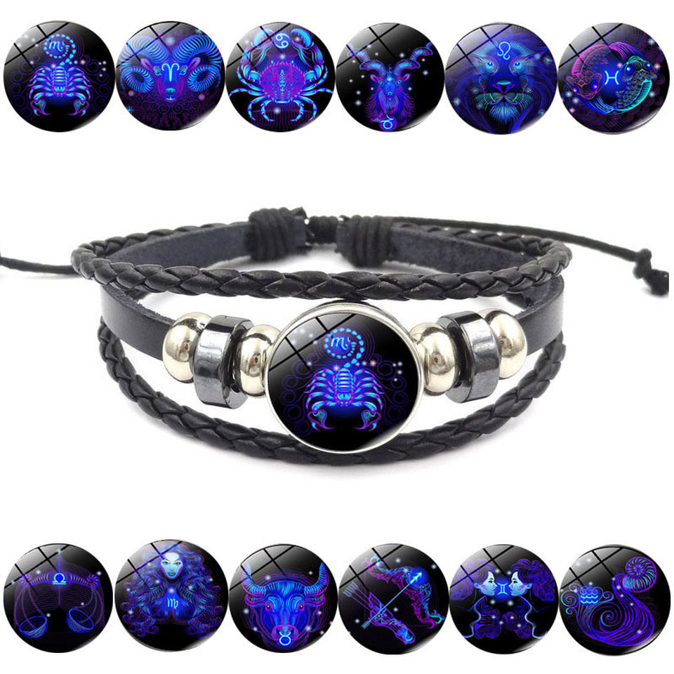 Horóscopo astrología 12 Zodiaco tejido luminoso cuero de vaca cielo estrellado pulsera hombres mujeres Acero inoxidable pulsera joyería