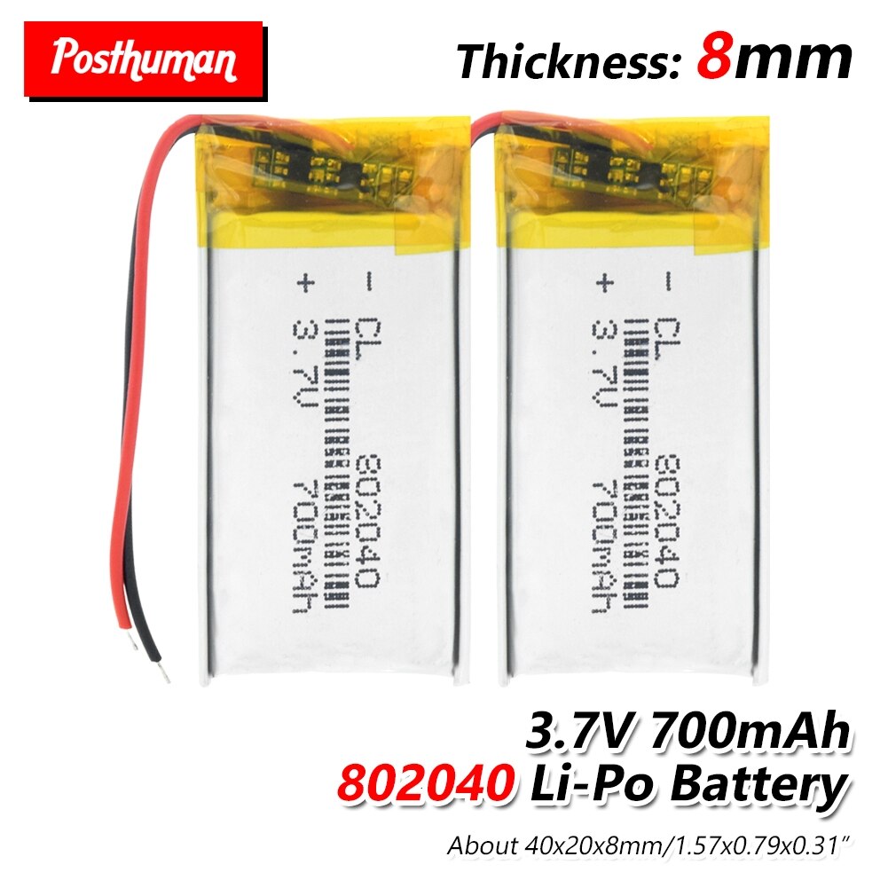 802040 Polymer battery 700 mah 3.7V Rechargeable Li-ion battery for smart home dvr GPS MP3 MP4 Bluetooth Speaker Reading Pen DIY: 2Pcs