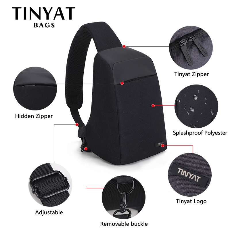 Tinyat Mannen Anti-Diefstal Schoudertas 7L Mannen Borst Bag Fit 9.7 Inch Ipad Korte Trip Zwarte Tas multi Zakken Messenger Bag T613