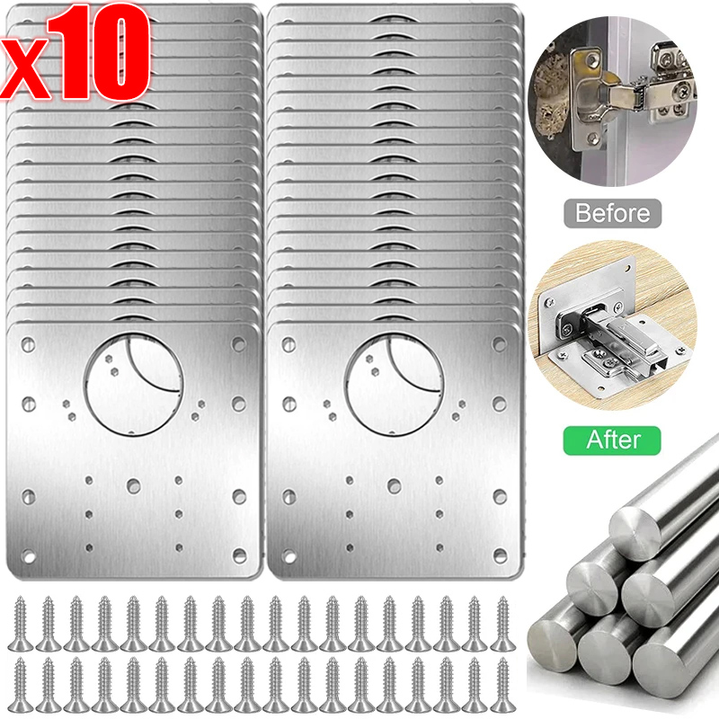 Stainless Steel Hinge Repair Plate with Screw Kitchen Cabinet Door Hinge Mounting Connection Plate Furniture Flat Fixing Bracket