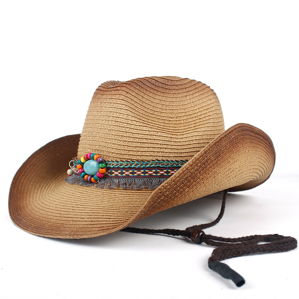 Chapeau de Cowboy occidental pour femmes, paille d&#39;été, style bohème, pour plage, Cowboy Jazz, taille 57-59CM: Khaki