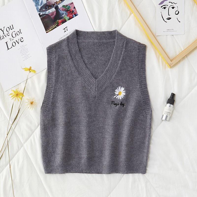Jesienno-zimowa sweter kamizelka damska dekolt w serek dziergane litery z kwiatowym nadrukiem kamizelka damska bez rękawów luźne damskie kamizelki dzianinowe swetry: szary