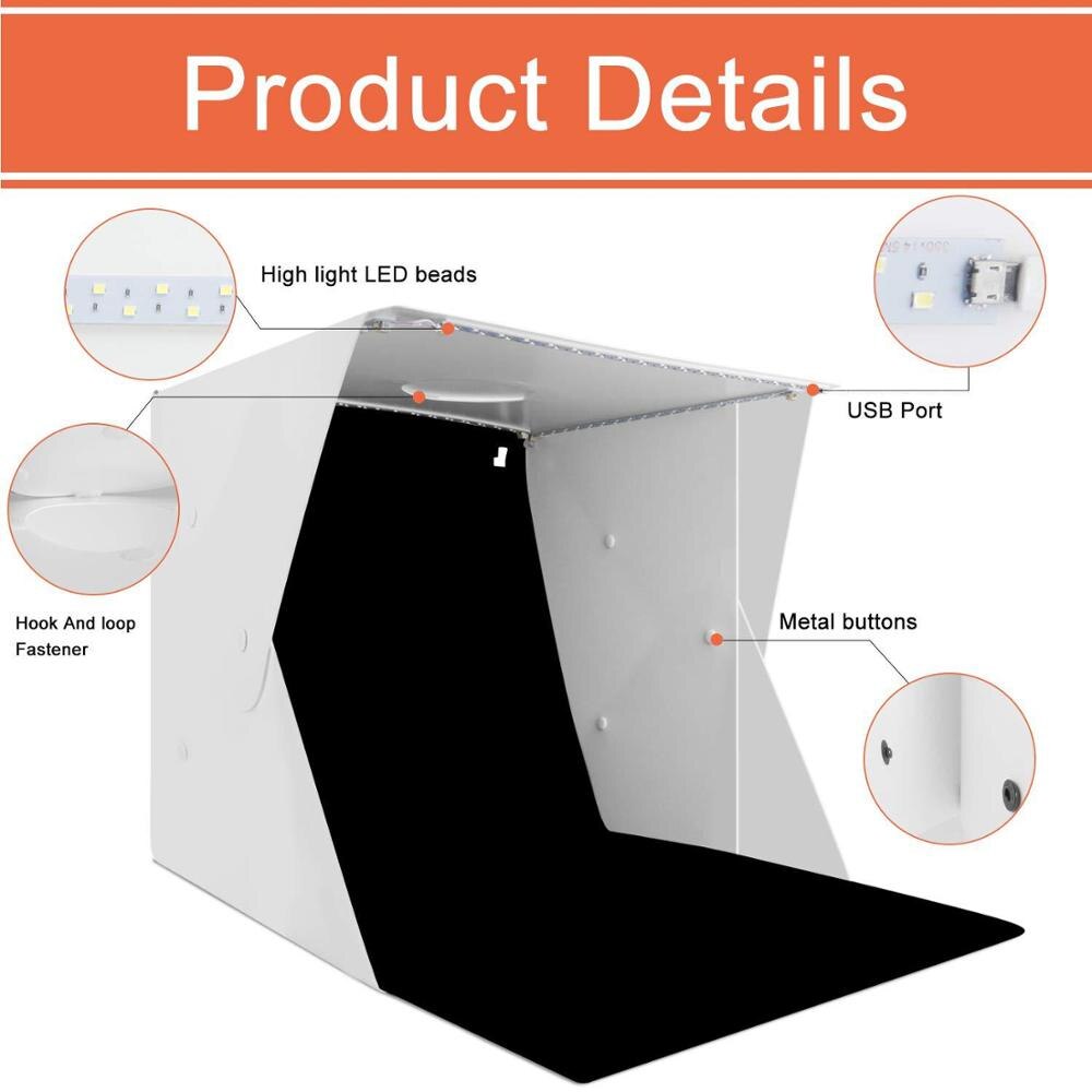 Mini mesa plegable portátil de 40cm, caja de estudio de fotografía, Softbox con 4 luces LED, agujero superior, kit de disparo, 6 colores de fondo