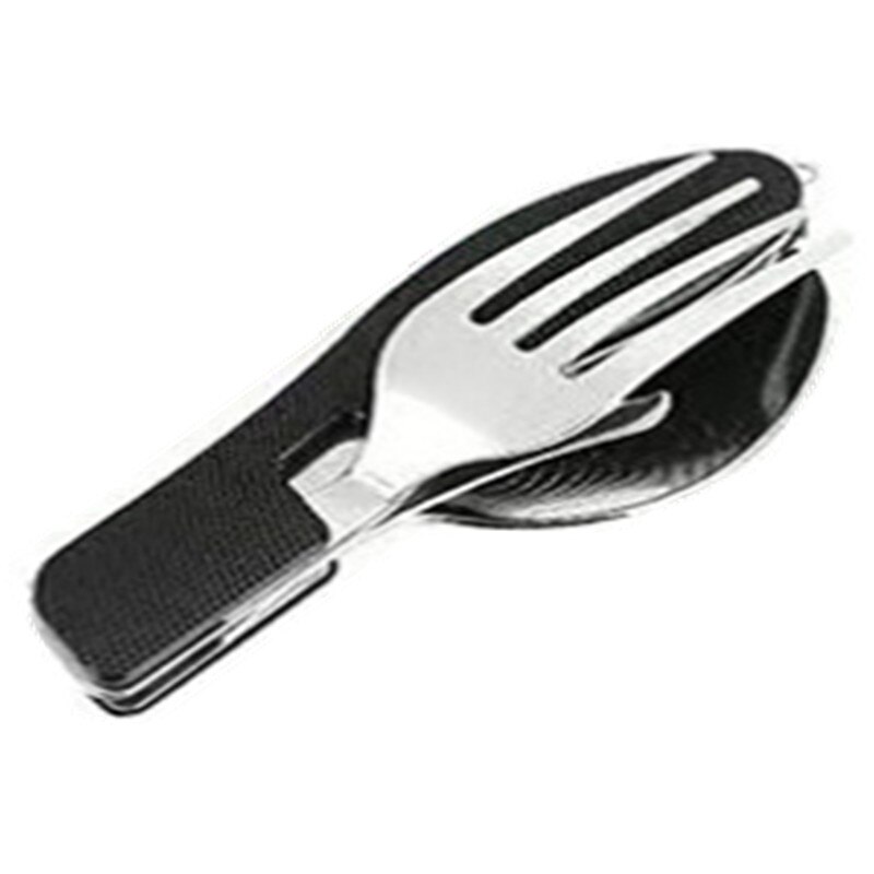 Portable multi tool cutlery multitool flatware utensil bottle can opener fold Spork fork tableware Picnic camp spoon knife: Black