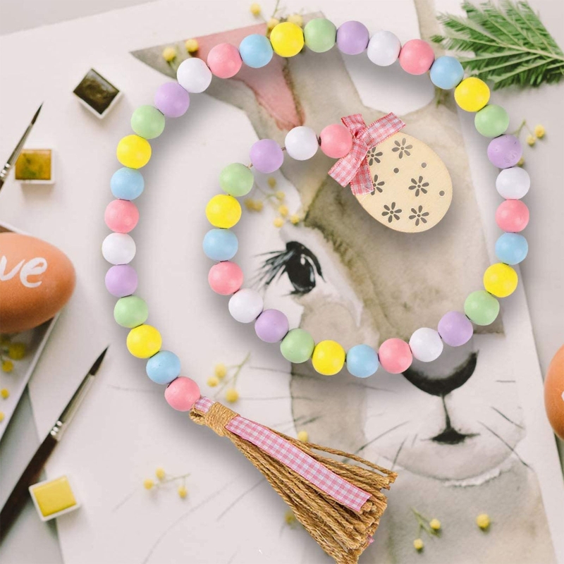 Spring Wooden Beads Garland with Tassels Easter Egg Bead Farmhouse Rustic Tiered Tray Decorations Country Decor