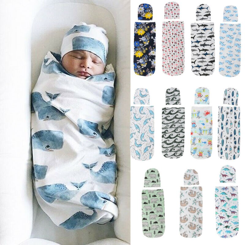 2 Stuks Pasgeboren Baby Meisje Jongen Inbakeren Wrap Deken Slaapzak + Hoed Outfits Set Meisjes Jongens Warm Inbakeren Slapen mousseline 0-12M