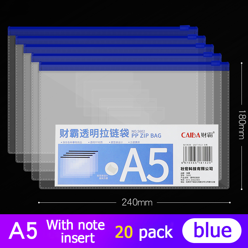 20Pcs Bestand Houder Transparant Plastic Informatie Tas A5 Rits Grote Capaciteit Boek Tas A4 Briefpapier Student Office Bestand Zak: A5 blue