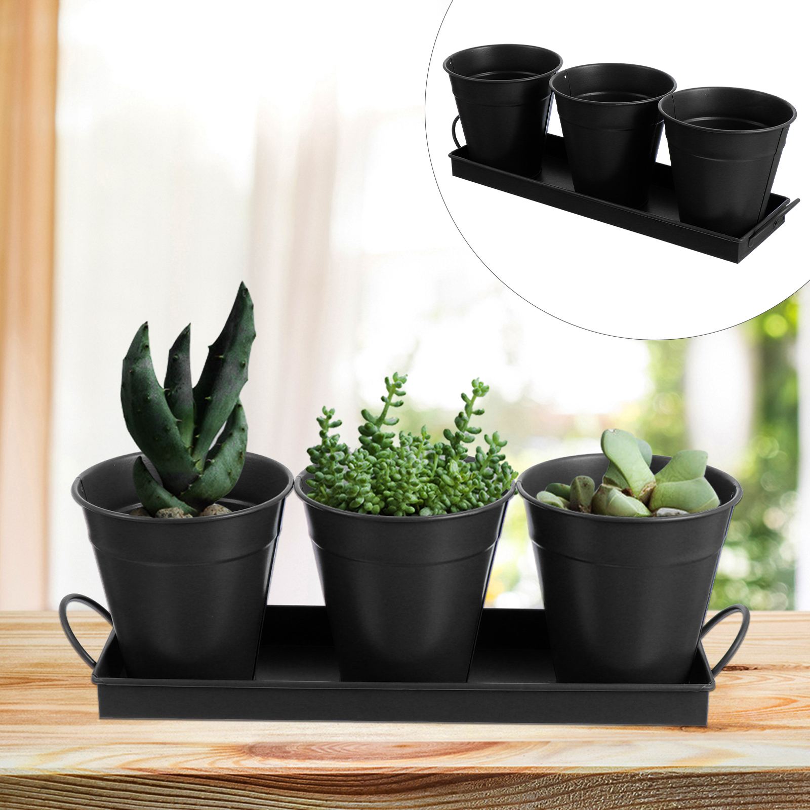 3pc Flower Iron Bucket Planter Pot with Tray Retro Flower Buckets Succulents Pot