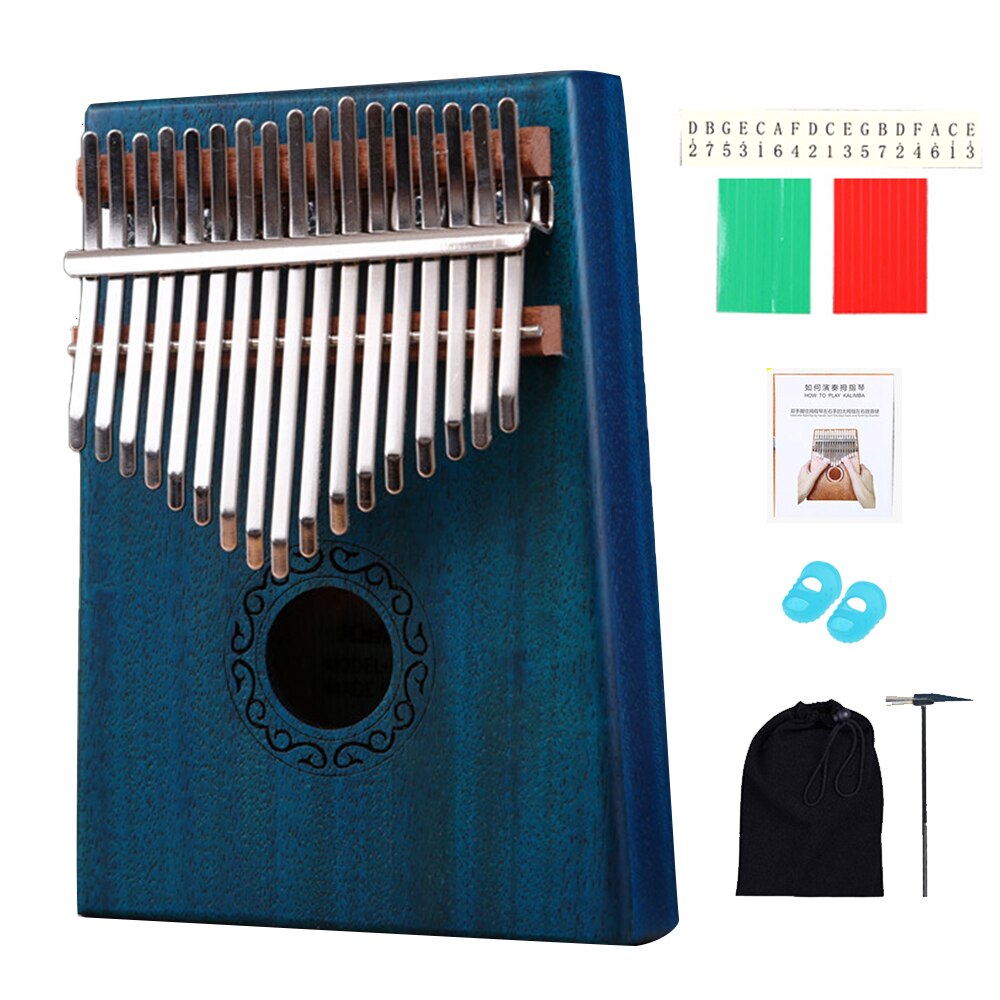17 tangenter klavertræ mahogni krop musikinstrument med lærebog hammer til begyndere kalimba taske: 17 taster blå
