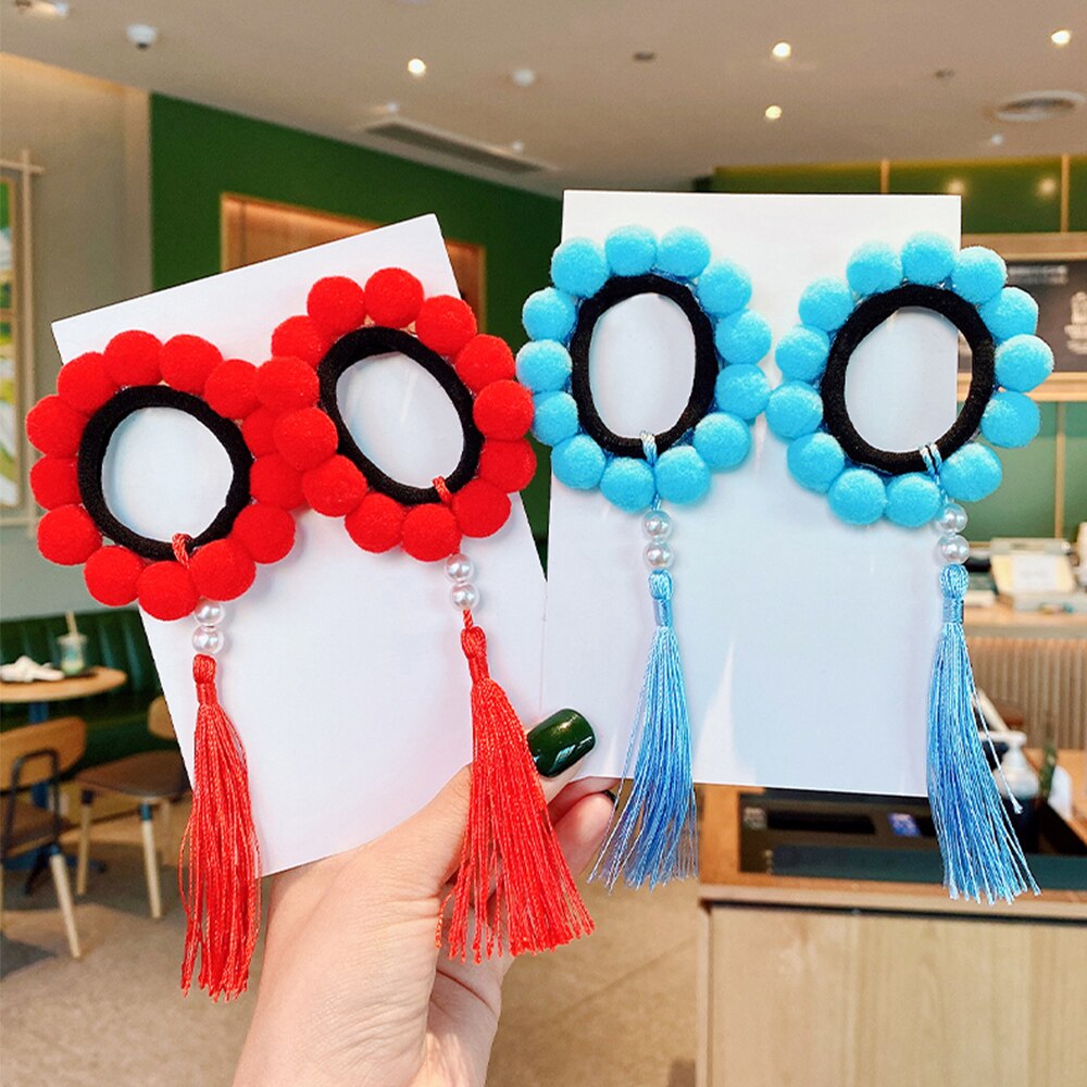 2Pcs Pompom Balls Tassel Elastic Hair Bands for Girls Ponytail Holder Scrunchies Baby Kids Elastic Rubber Band Hair Accessories