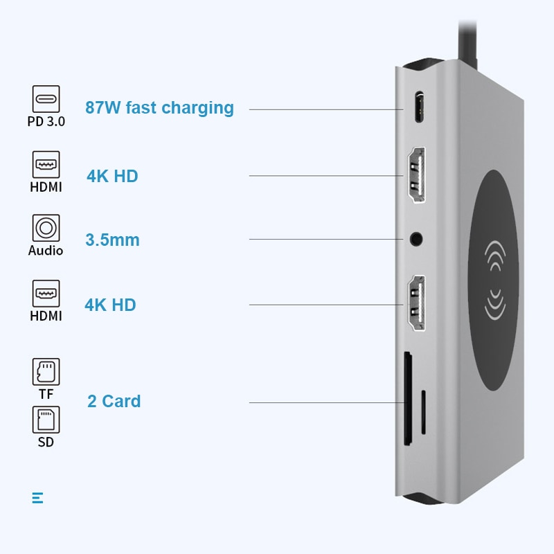 Basix Type C Hub USB 3.0 Multi USB C Docking Station Laptop Wireless Charger HDMI TF SD Reader PD for MacbookPro Huawei Matebook