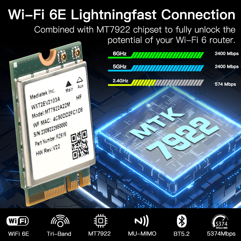 Wifi 6e mt7922 m.2 placa sem fio 5374mbps bluetooth 5.2 adaptador de rede 802.11ax 2.4g/5g/6ghz mediatek mt7922 MU-MIMO win 10 11