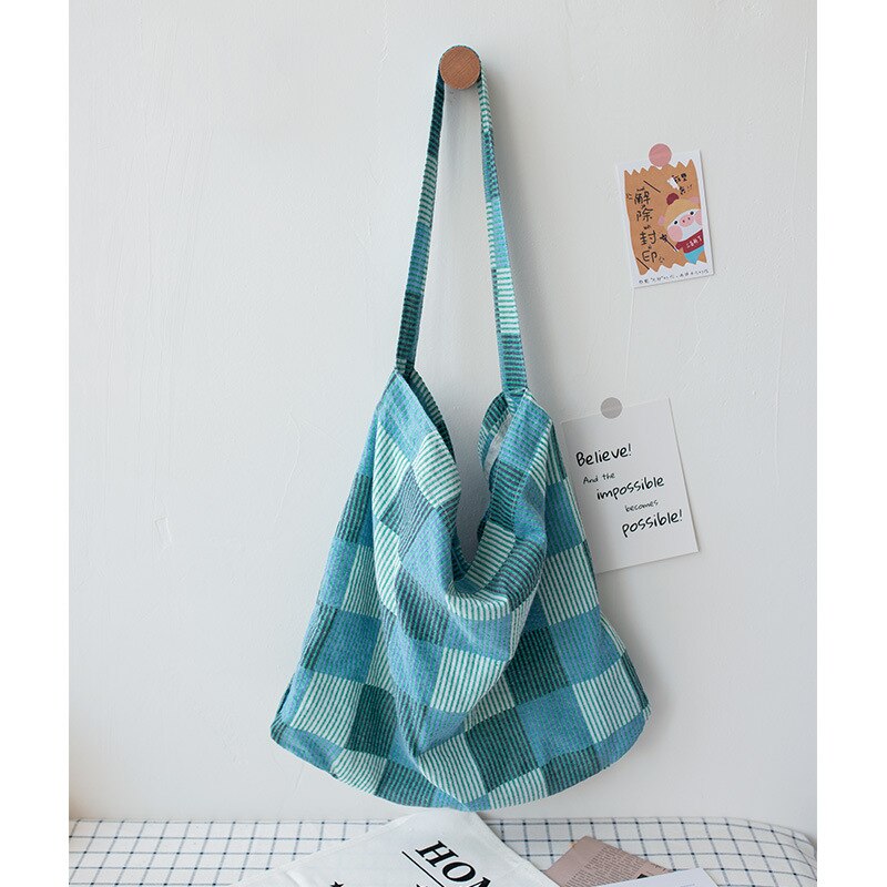 Cotton Canvas Green Blue Check Eco Shopping Tote Shoulder Bag Cross Body Strap SB: blue