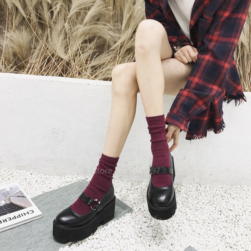 Zapatos de plataforma góticos japoneses para mujeres Harajuku Lolita chicas Kawaii estudiante de la Universidad JK punta redonda uniforme Sandalias de tacón alto PU