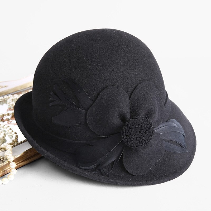 Beckyruiwu up-turn brim flower 100%  uldfilt hatte dame banket formel uld fedora hat: Sort