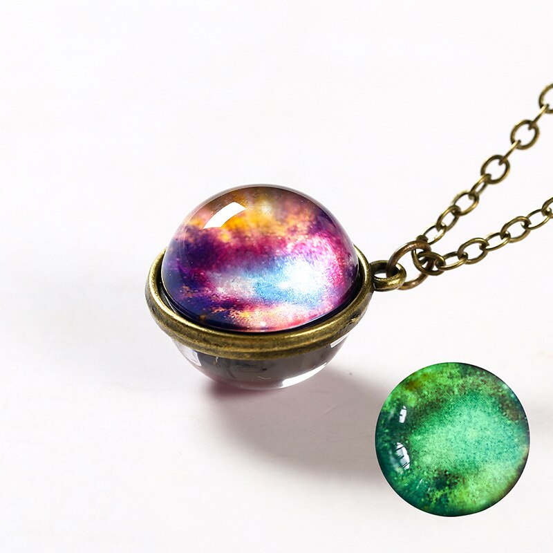 Handmade Universe Star Ball Pendant Necklace Double Sided Glass Ball Glowing Pendant Gold Chain Luminous Planet Jewelry Unisex