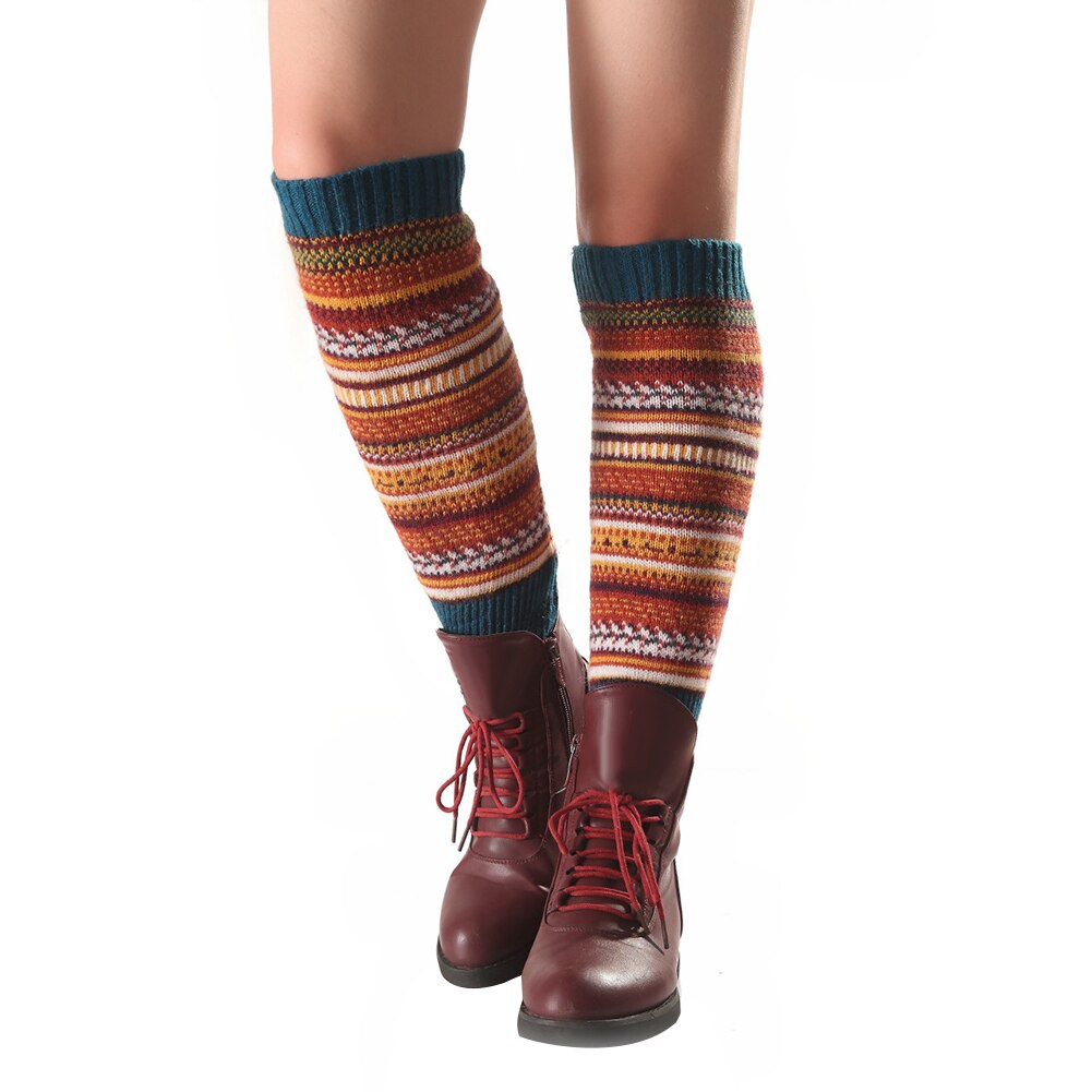 Women Striped Knitted Leg Warmers Winter Footless Knee High Boot Socks