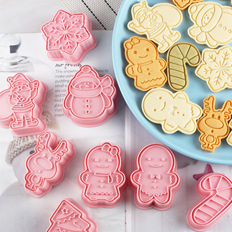 8Pcs/set Christmas Cookie Cutter Biscuit Mold 3D Cookie Fondant Baking Mold Set Plastic Pressing Baking Cookie Decoration Tools