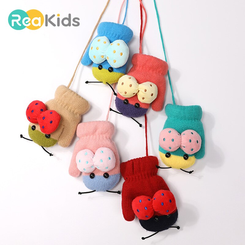 REAKIDS Cute Cartoon Children Gloves 2-5 Years Old Winter Knit Baby Mittens Velvet Thick Children Kids Keep Finger Warm