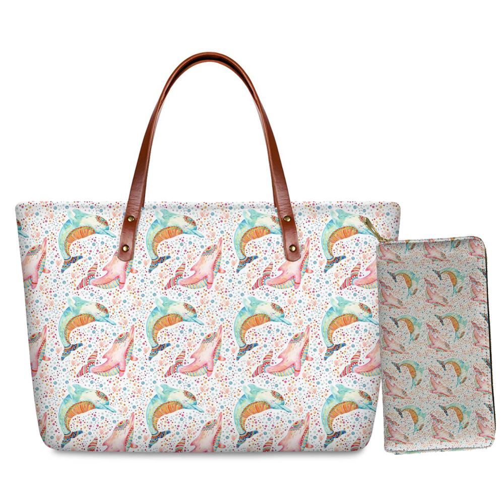 Twoheartsgirl oceaan dolfijn print handtas set portemonnee voor vrouwen neopreen dames handtassen met handgreep casual dames handtassen: Z6412al-z21