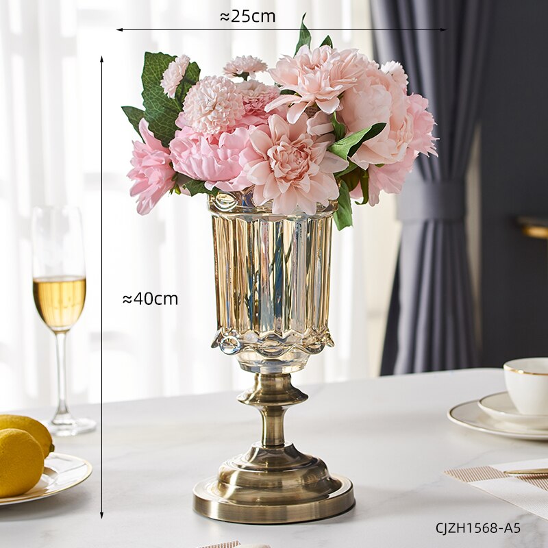 De lujo de florero de vidrio nórdico, decoración para el hogar moderno arreglo con flores artificiales de la boda jarrón de decoración de terrario Decoración Para sala de estar: E
