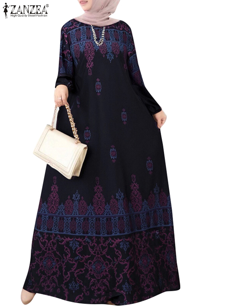Frauen Langarm Muslimischen Kleid Abaya Kaftan ZANZEA Bohemien Gedruckt Sommerkleid IsIamic Kleid Eid Mubarek max Lange Vestidos
