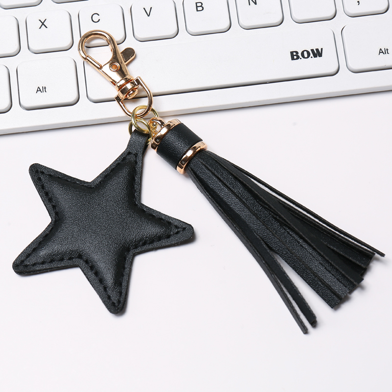 LLavero de borla de cuero PU a la para mujer y niña, colgante de estrella, llaveros con cierre de langosta, accesorios para bolso: Negro