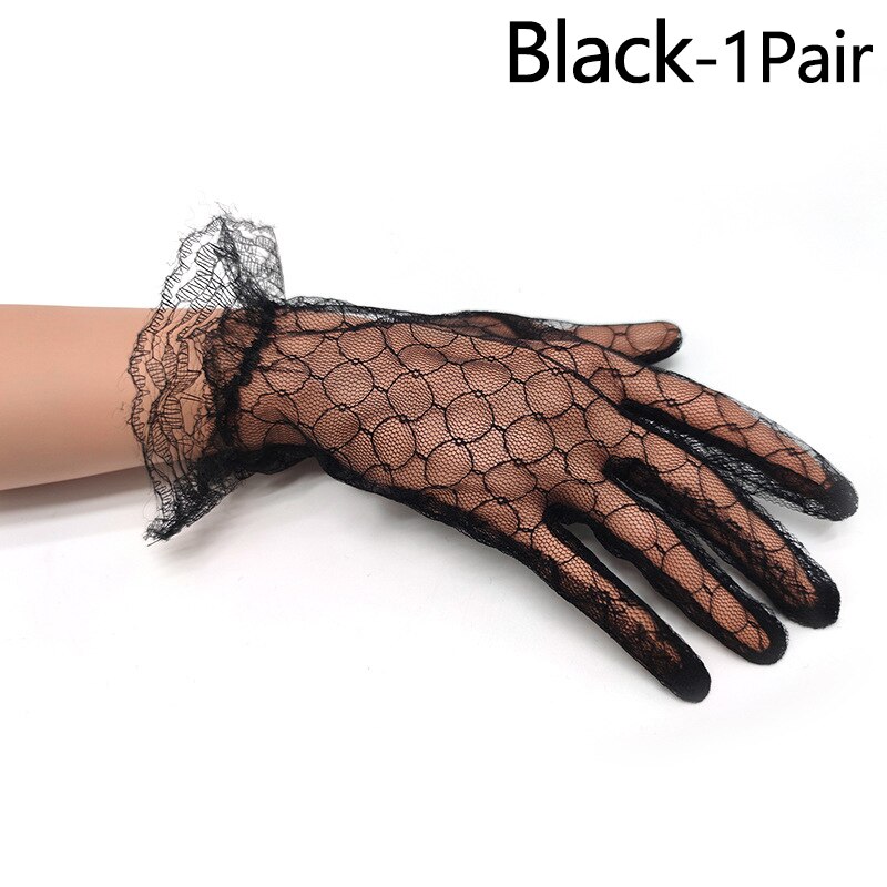 1 paire femmes court Tulle gants extensible dentelle Lotus feuille voilages robe accessoires plein doigt mariée mariage fête noir